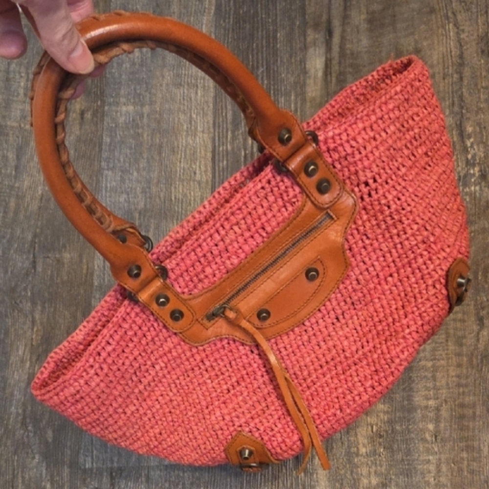 Balenciaga Pink Raffia Mirror Basket Bag Woven Handbag with Leather Handles - Picture 11 of 17
